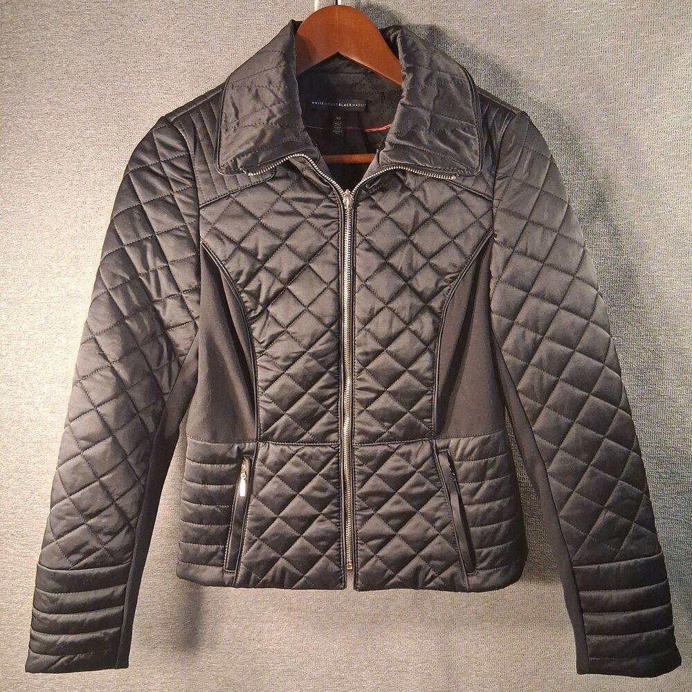 White House Black Market XS Black Quilted Zip Jacket Stretch Panel Moto Coat